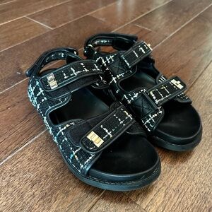 Public Desire Dad Sandals in black and white Tweed